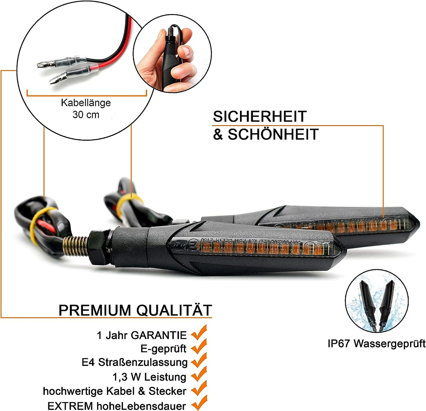 E Mark Led Motorrad Laufeffekt Blinker Lauflicht Sequentiell Schwarz Universal Quad ATV Lauflichtblinker Super Optik und Schön Hell Wasserprüf IP67 E Prüfzeichen EAN-Nummer 4262397090248