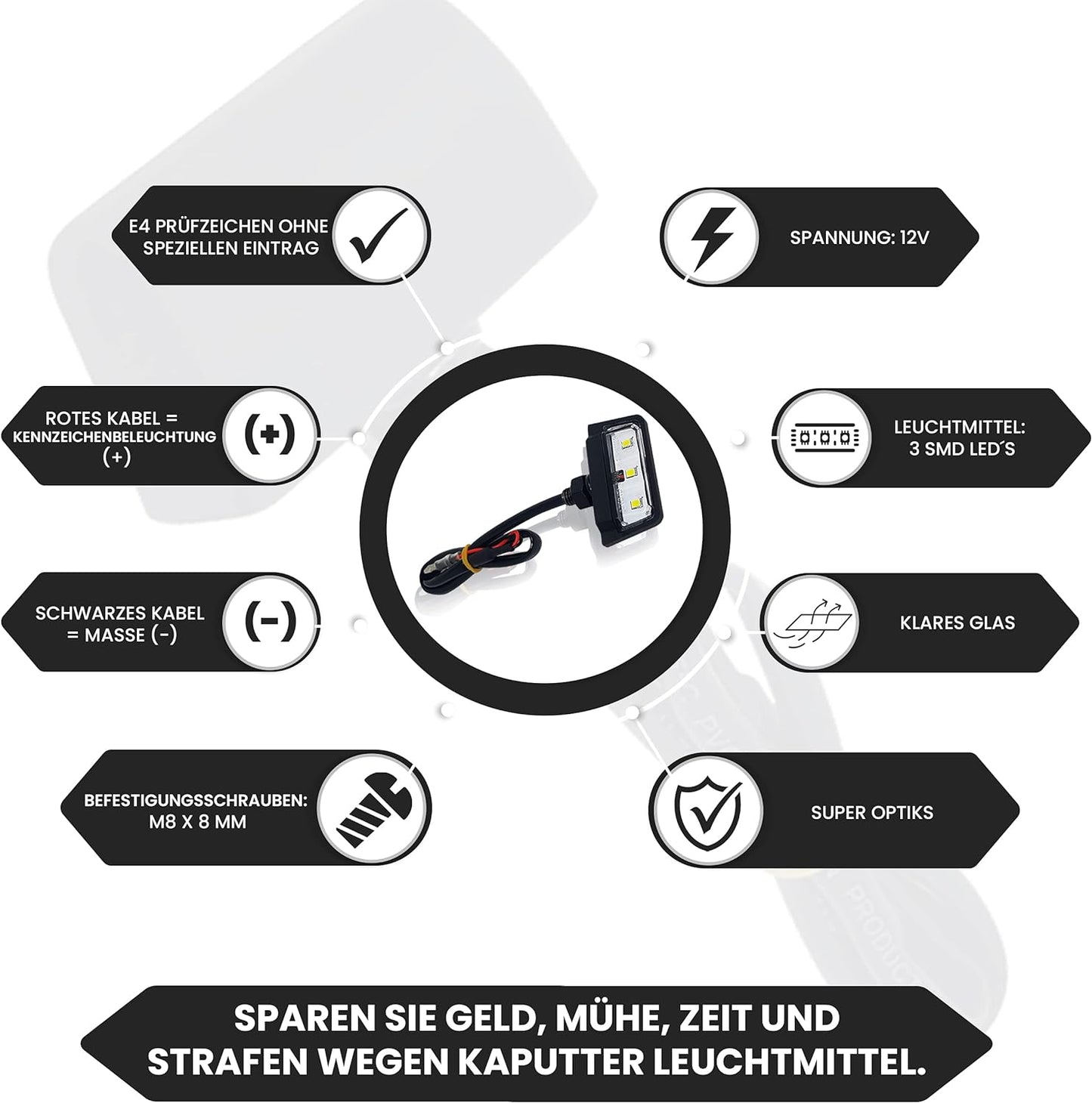 E-geprüfte LED-Kennzeichenbeleuchtung Nummernschildbeleuchtung für Motorräder Quads Roller und ATVs wasserdicht nach IP67