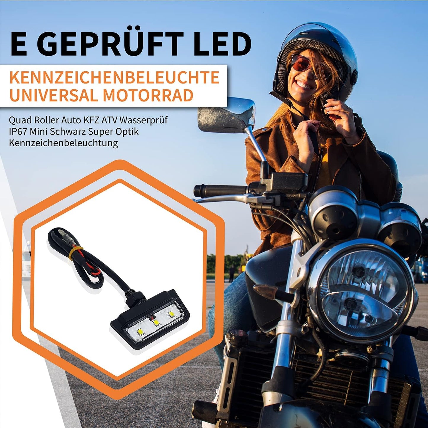 E-geprüfte LED-Kennzeichenbeleuchtung Nummernschildbeleuchtung für Motorräder Quads Roller und ATVs wasserdicht nach IP67