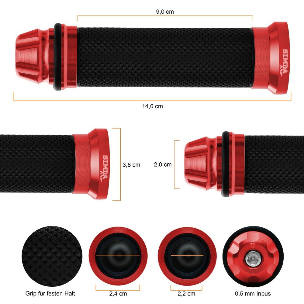 Motorrad Roller Lenkergriffe Griff Aluminium Griffgummis 22/24mm Rot EAN 4262397090316